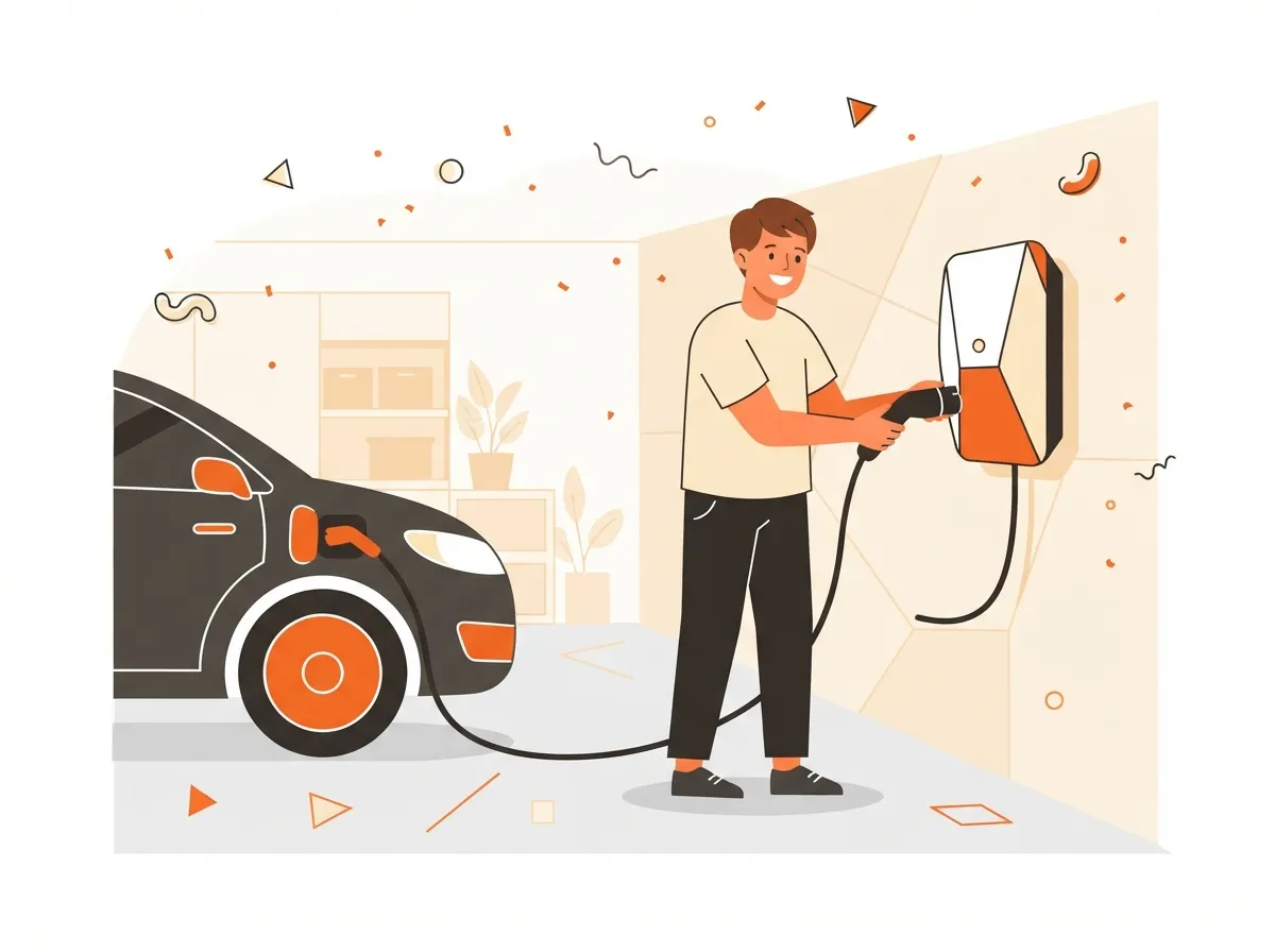 Illustration : un particulier branche sa voiture sur une borne murale dans son garage